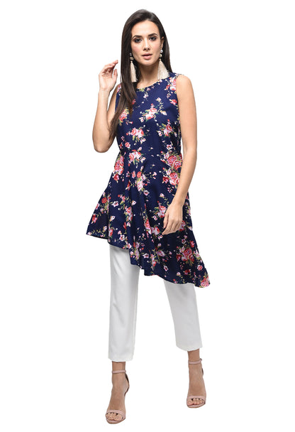 Women's Dark Blue Polyester Printed Sleeveless Round Neck Casual Kurta Only