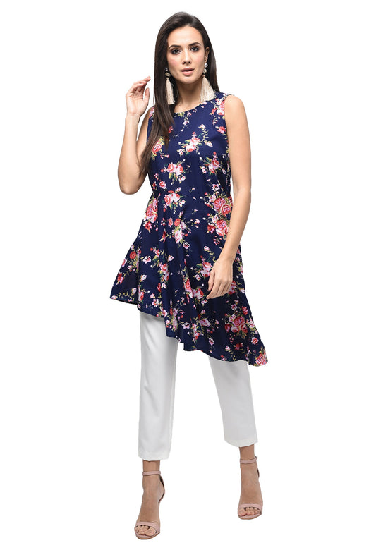 Women's Dark Blue Polyester Printed Sleeveless Round Neck Casual Kurta Only