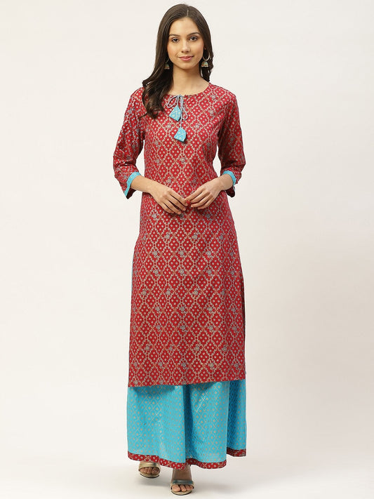 Women's Red & Blue Ethnic Motifs Hand Printed Kurta with Skirt
