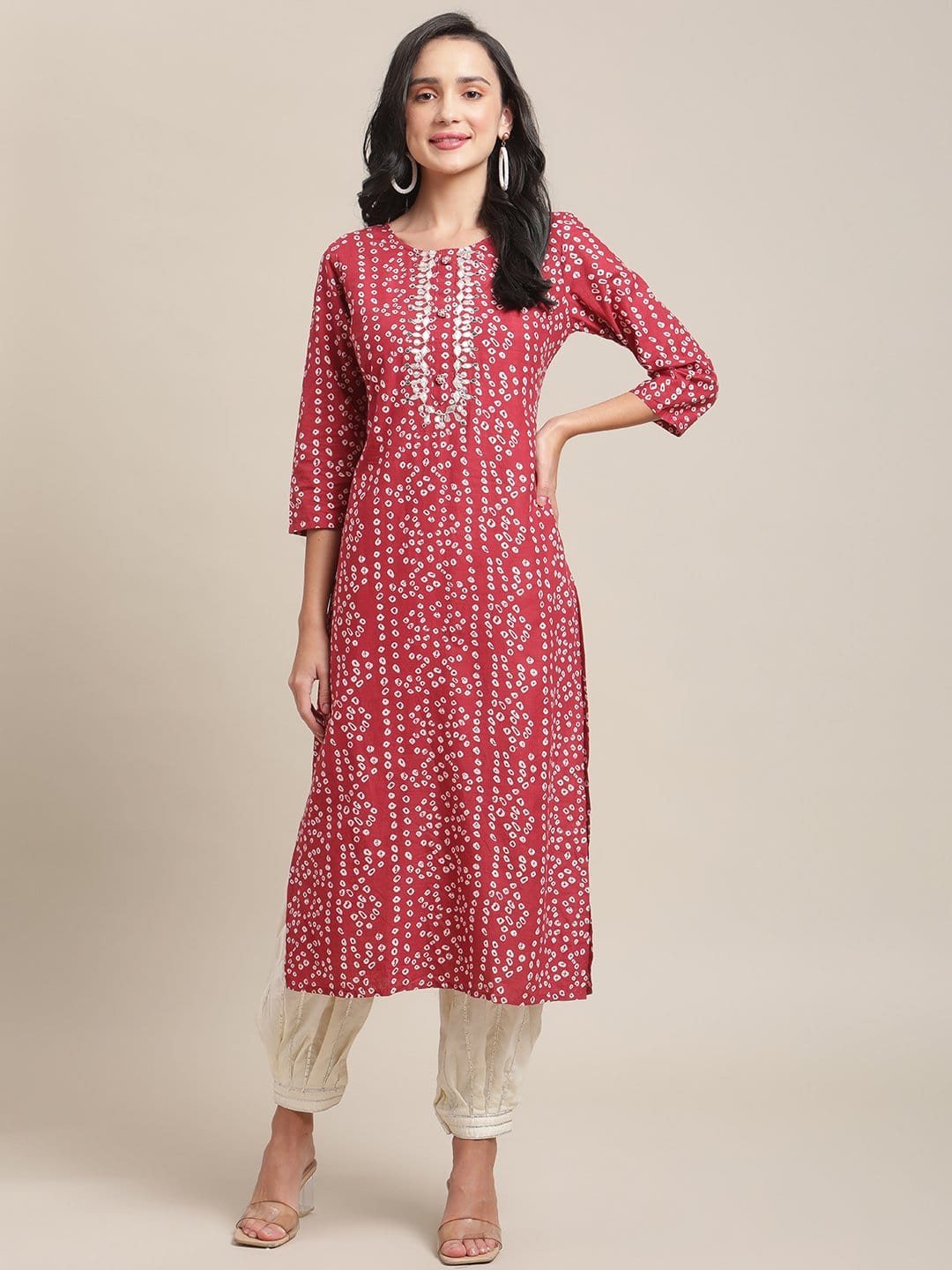 Women's Red And White Round Neckline Bandhani Printed  Straight Kurta With Embroidery And 3/4Th Sleeve