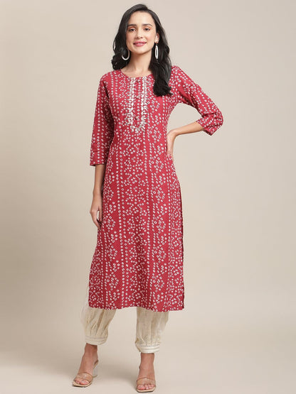 Women's Red And White Round Neckline Bandhani Printed  Straight Kurta With Embroidery And 3/4Th Sleeve