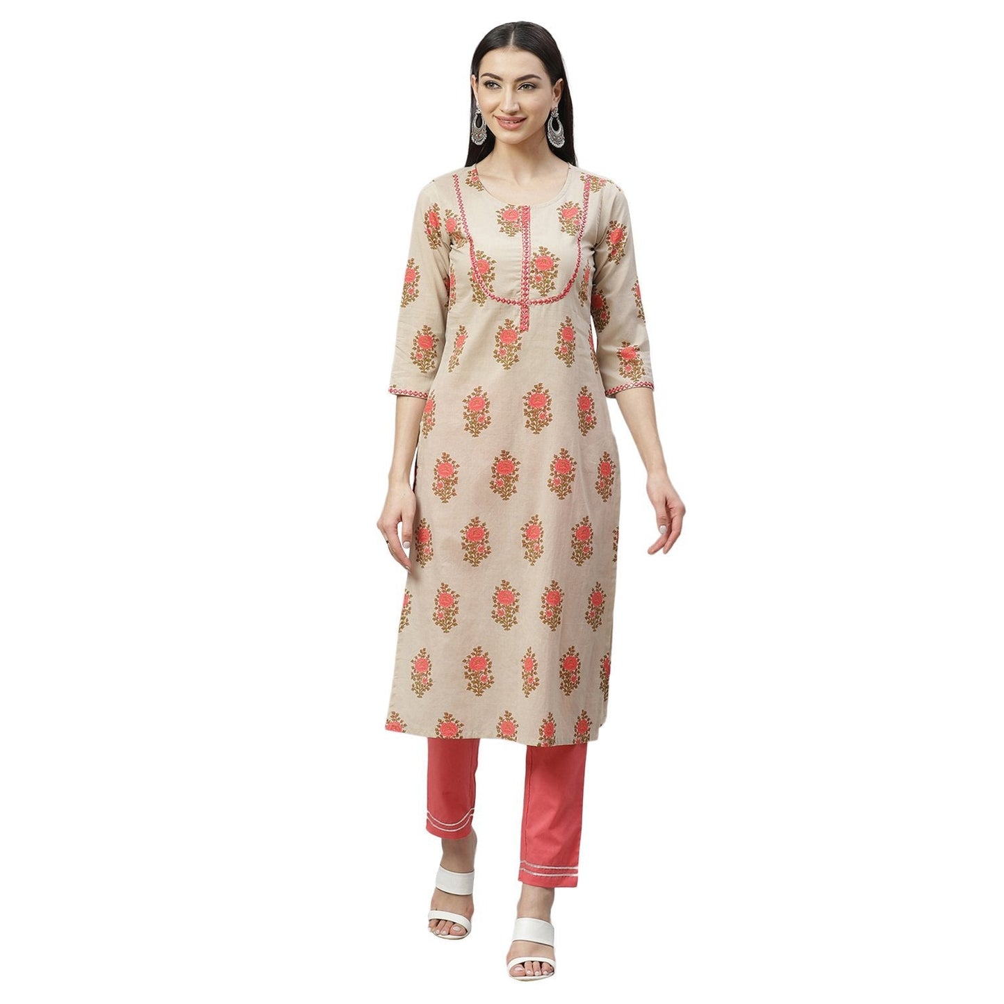 Women's Beige Cotton Printed Printed 3/4 Sleeve Round Neck Casual Kurta Pant Set
