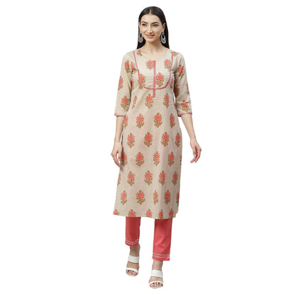 Women's Beige Cotton Printed Printed 3/4 Sleeve Round Neck Casual Kurta Pant Set