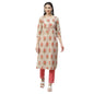 Women's Beige Cotton Printed Printed 3/4 Sleeve Round Neck Casual Kurta Pant Set