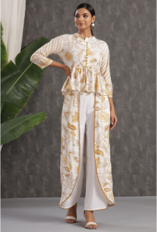 Women's Mustard Rayon Printed Peplum Top Palazzo Set