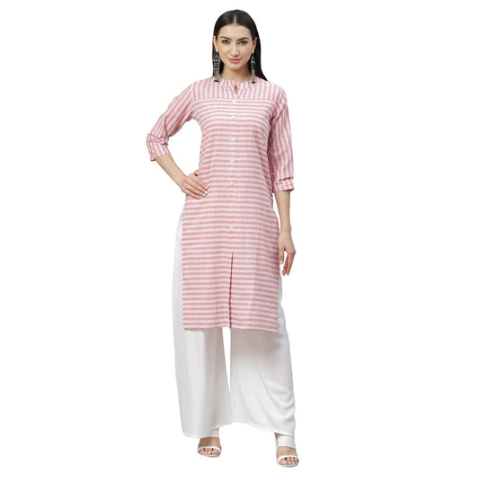 Women's Pink Cotton Check 3/4 Sleeve Mandrin Neck Casual Kurta Only