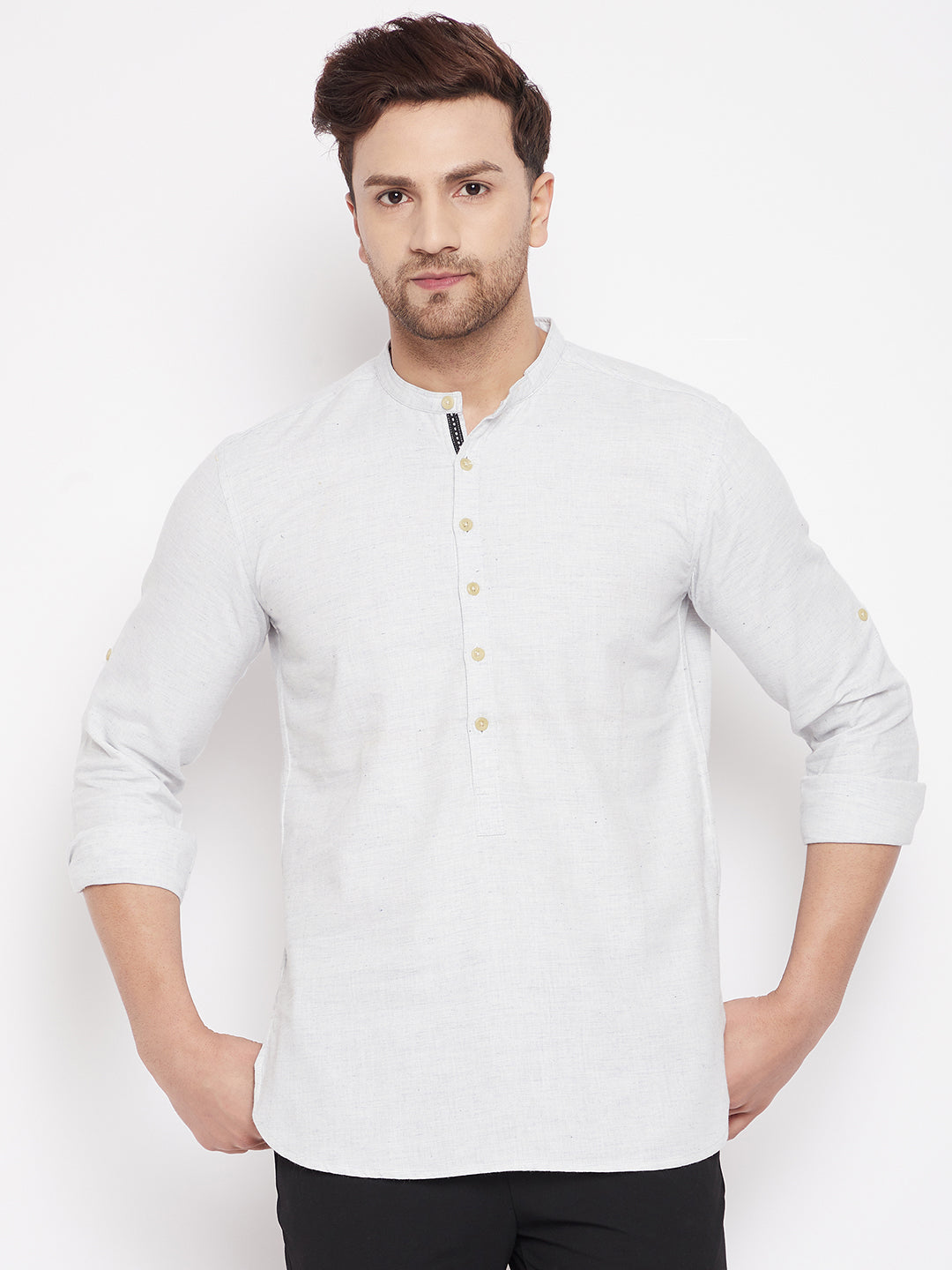 Men's Cream Color Short Kurta with Band Collar
