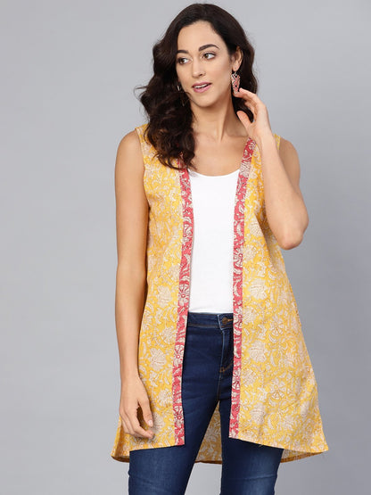 Women's Yellow Cotton Printed Sleveeless V-Neck Shurg