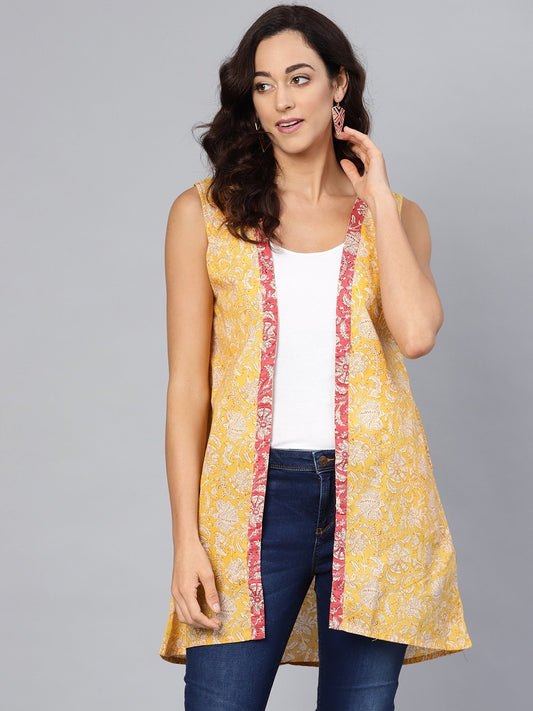 Women's Yellow Cotton Printed Sleveeless V-Neck Shurg