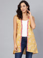Women's Yellow Cotton Printed Sleveeless V-Neck Shurg