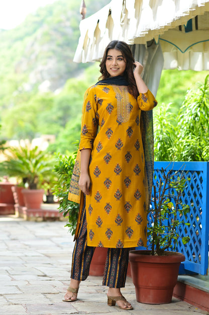 Women's Mustard Handblock Dupatta Set