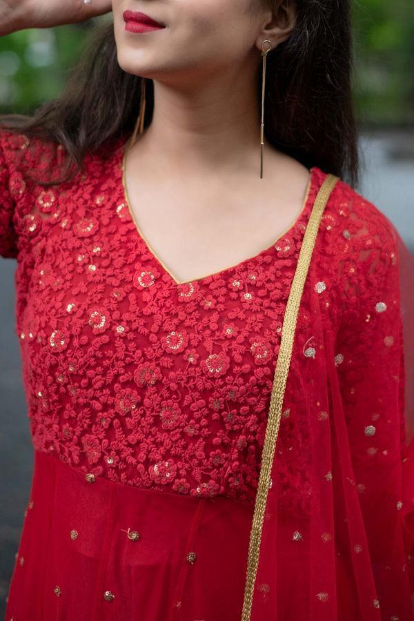Women's Red Thread Work Anarkali Set (3pcs set)