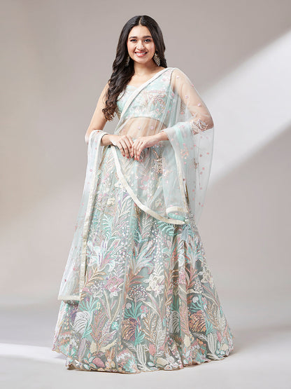 Women 's Lime Green Net Sequinse Work Ready to Wear Lehenga & stitched Blouse with Dupatta