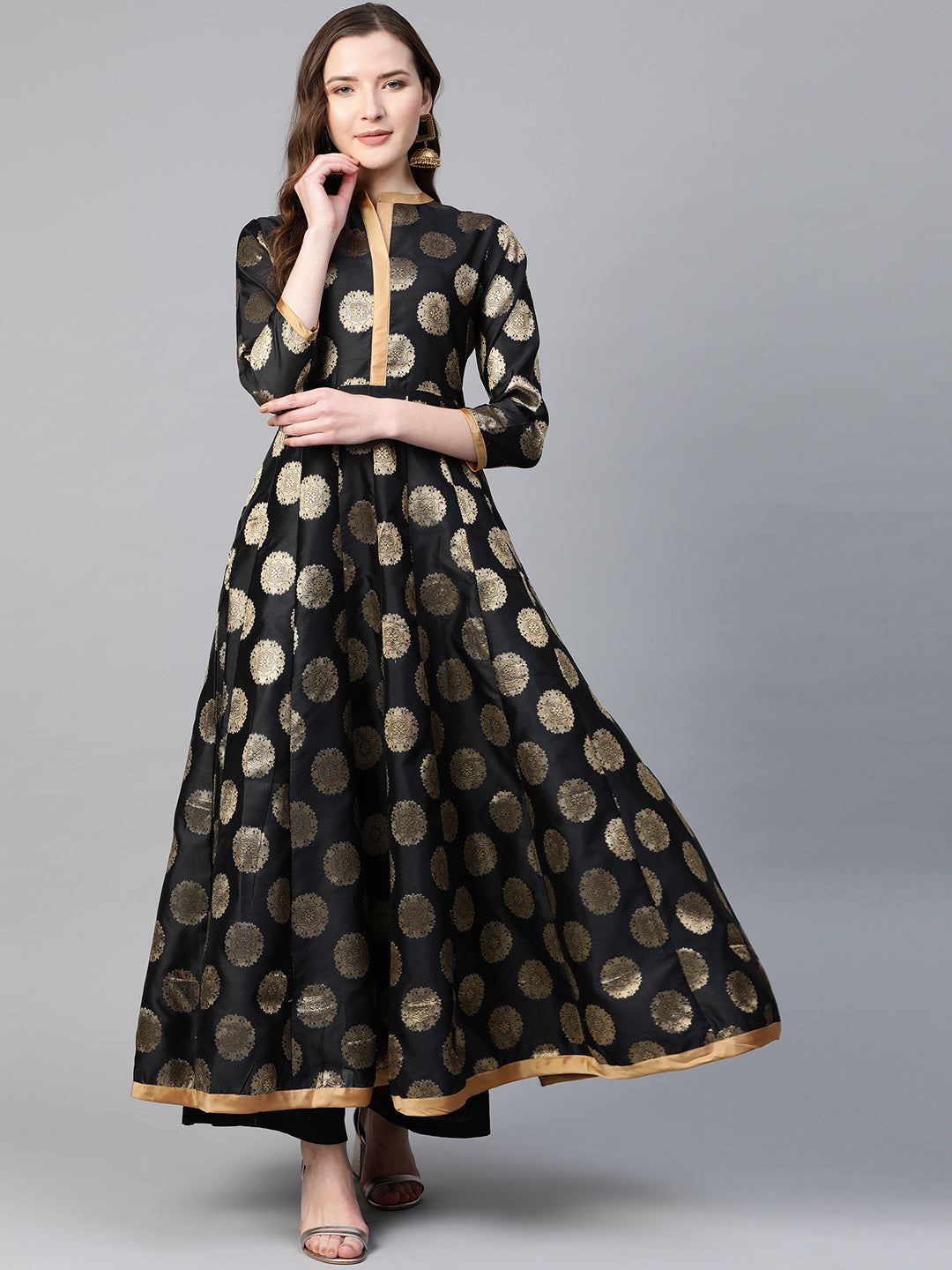 Women's Â Black And Golden Ethnic Motifs Printed Brocade Raw Silk Anarkali Kurta