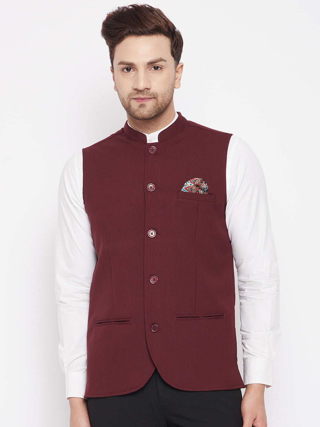 Men's Maroon Color Nehru Jacket-Contrast Lining-Inbuilt Pocket Square