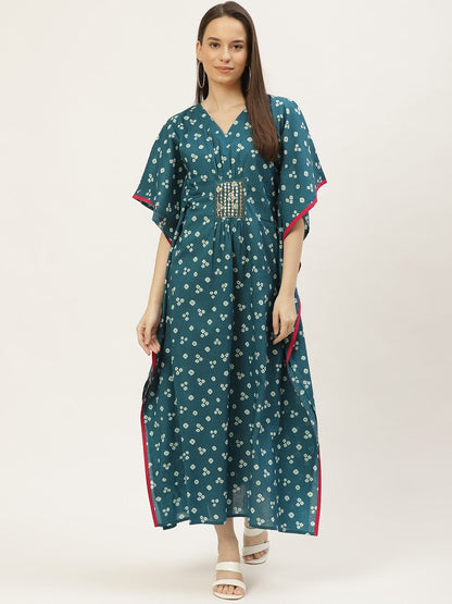 Women's Blue Printed & Embroided Kaftan Dress (1pc)