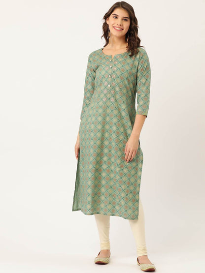Women's Cotton Printed with Zari work & embroidered buttons detailing Kurta