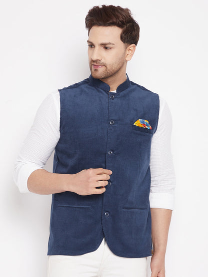 Men's Blue Color Nehru Jacket-Contrast Lining-Inbuilt Pocket Square