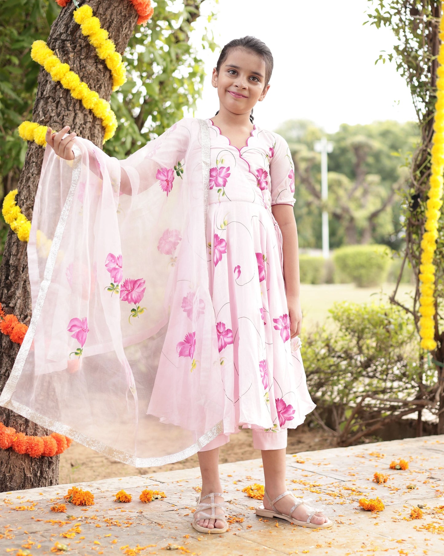 Girl's Dandelion Pink Muslin Silk Handcrafted Suit Set