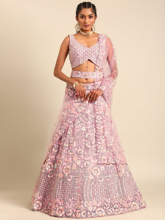Women 's Mauve Net Multi Sequins with heavy Zarkan embroidery Ready to Wear Lehenga choli & Dupatta