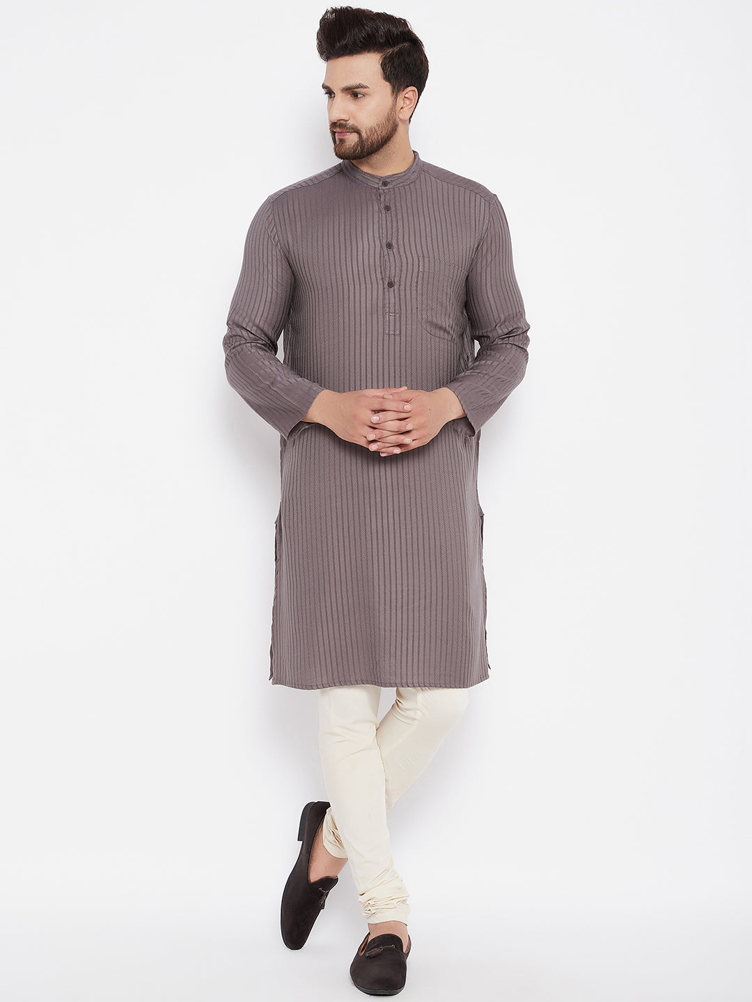 Men's Striped Straight Grey Kurta