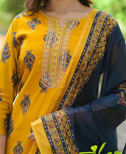Women's Mustard Handblock Dupatta Set