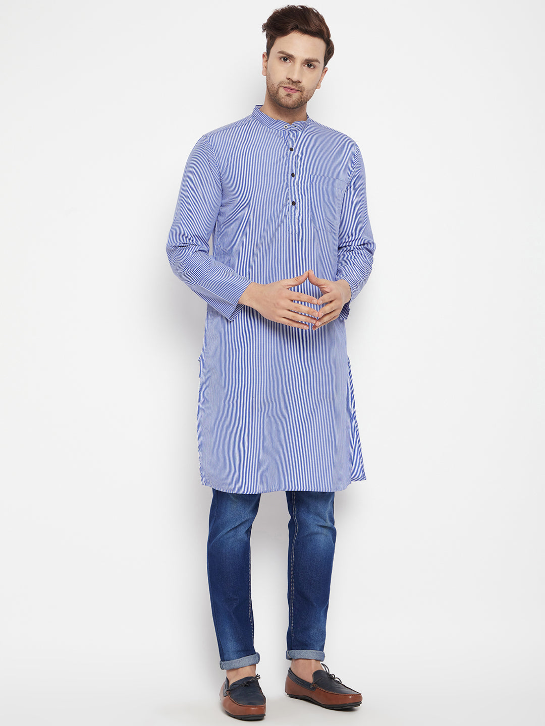 Men's Blue Color Long Kurta with Band Collar
