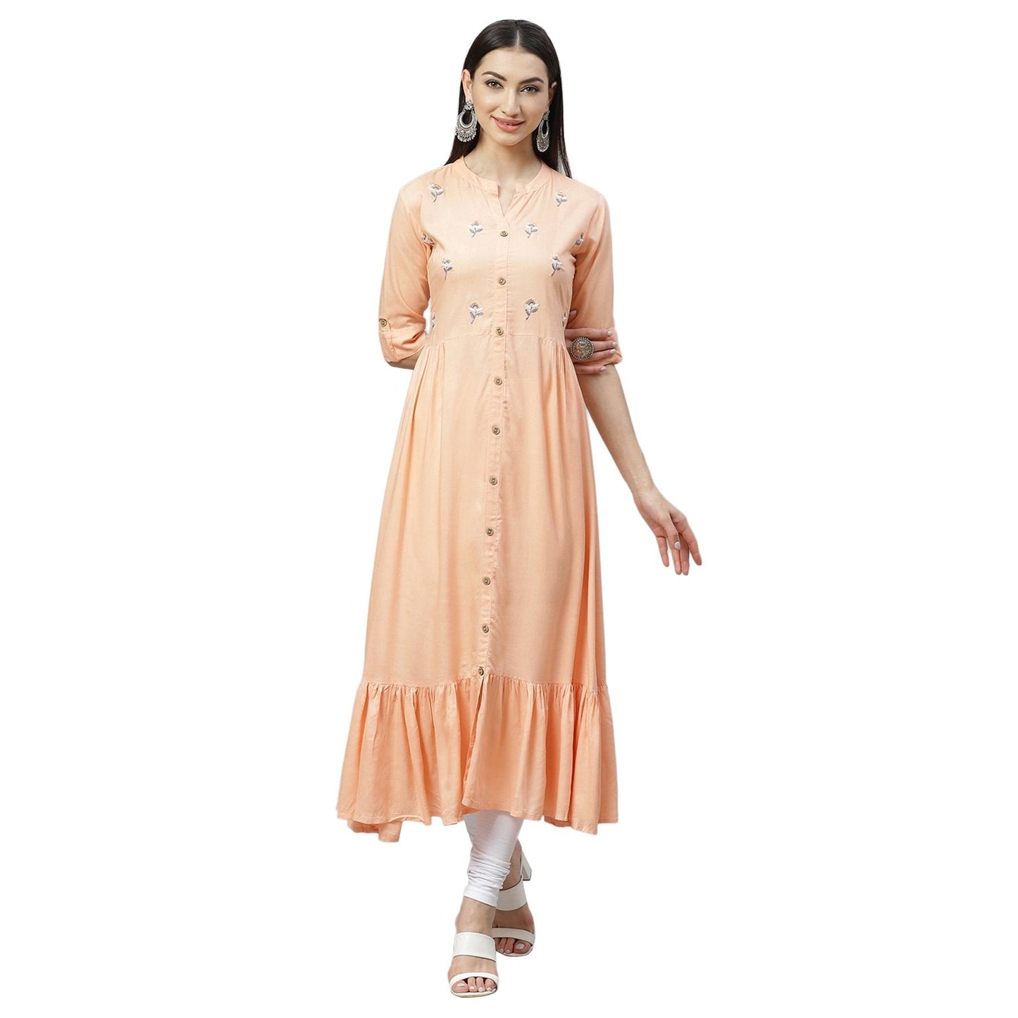 Women's Peach Rayon Embroidered 3/4 Sleeve Collar Casual Kurta Only