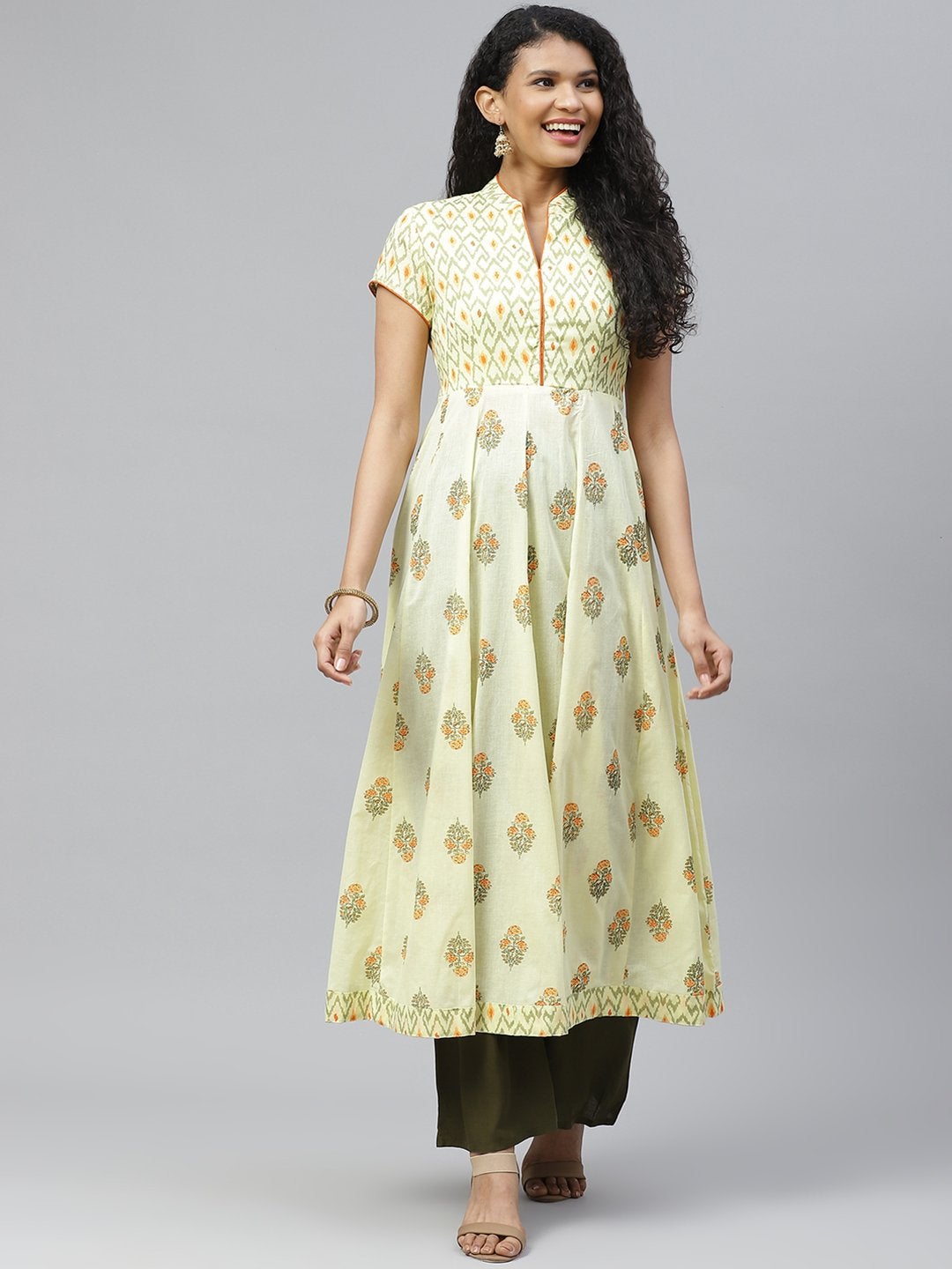 Women's Yellow Print Chinese Neck Cotton Anarkali Kurta