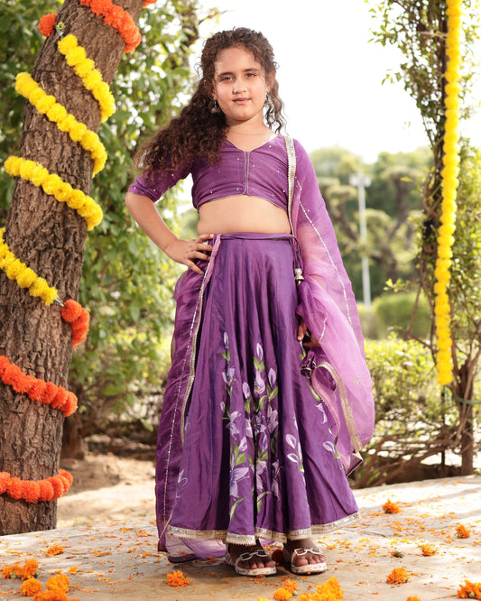 Girl's Berry Purple Handpainted Chanderi Lehenga Set