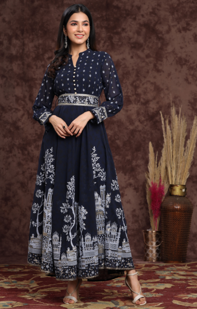 Women's Georgette Printed Flared Dress With Belt