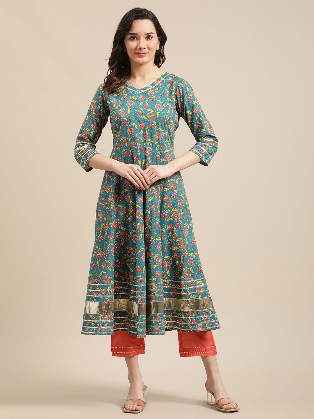 Women's Green And Pink Floral Printed Heavy Gota Emebellished Anarkali Kurta
