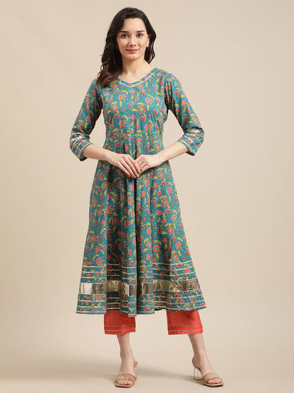 Women's Green And Pink Floral Printed Heavy Gota Emebellished Anarkali Kurta