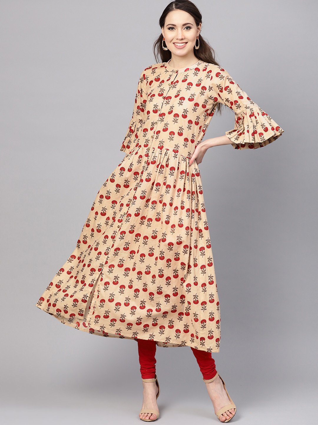Women's Pink Cotton Printed Bell Sleeves Round Neck Casual Kurta Only