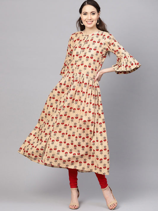 Women's Pink Cotton Printed Bell Sleeves Round Neck Casual Kurta Only