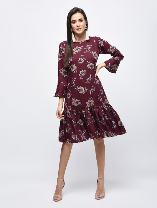 Women's Maroon Polyster Printed Bell Sleeve Round Neck Dress