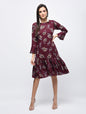 Women's Maroon Polyster Printed Bell Sleeve Round Neck Dress