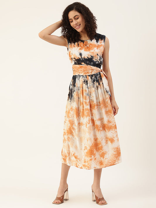 Women's Orange Color Tie-Up Belt Gathered Dress