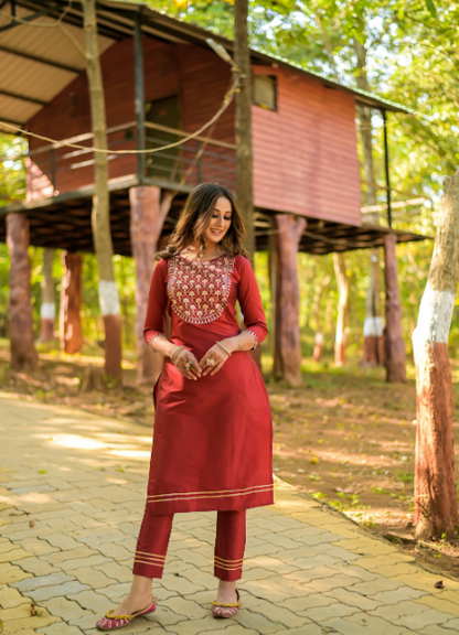 Women's Maroon Taffeta Silk Embroidered Straight Aari Work Kurta Trouser Set With Dupatta