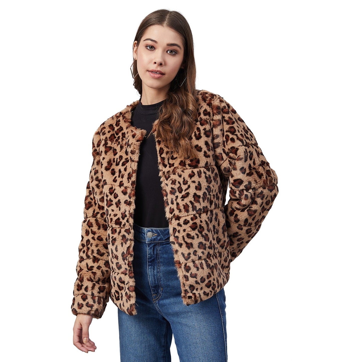 Women's Animal Print Faux Fur Open Jacket