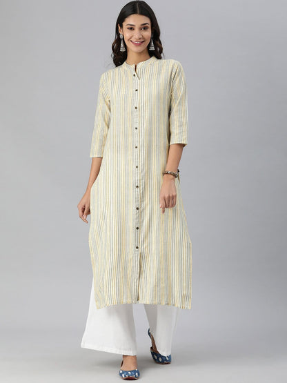 Women's KSUT Off White And Yellow Stripe Woven Kurta