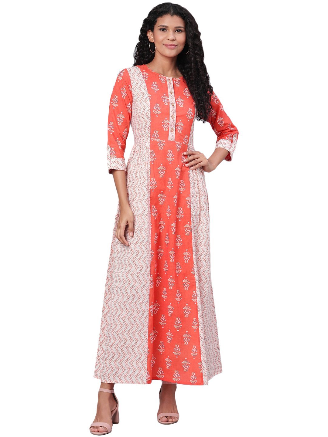 Women's Multi Printed 3/4 Sleeve Cotton Round Neck Dress