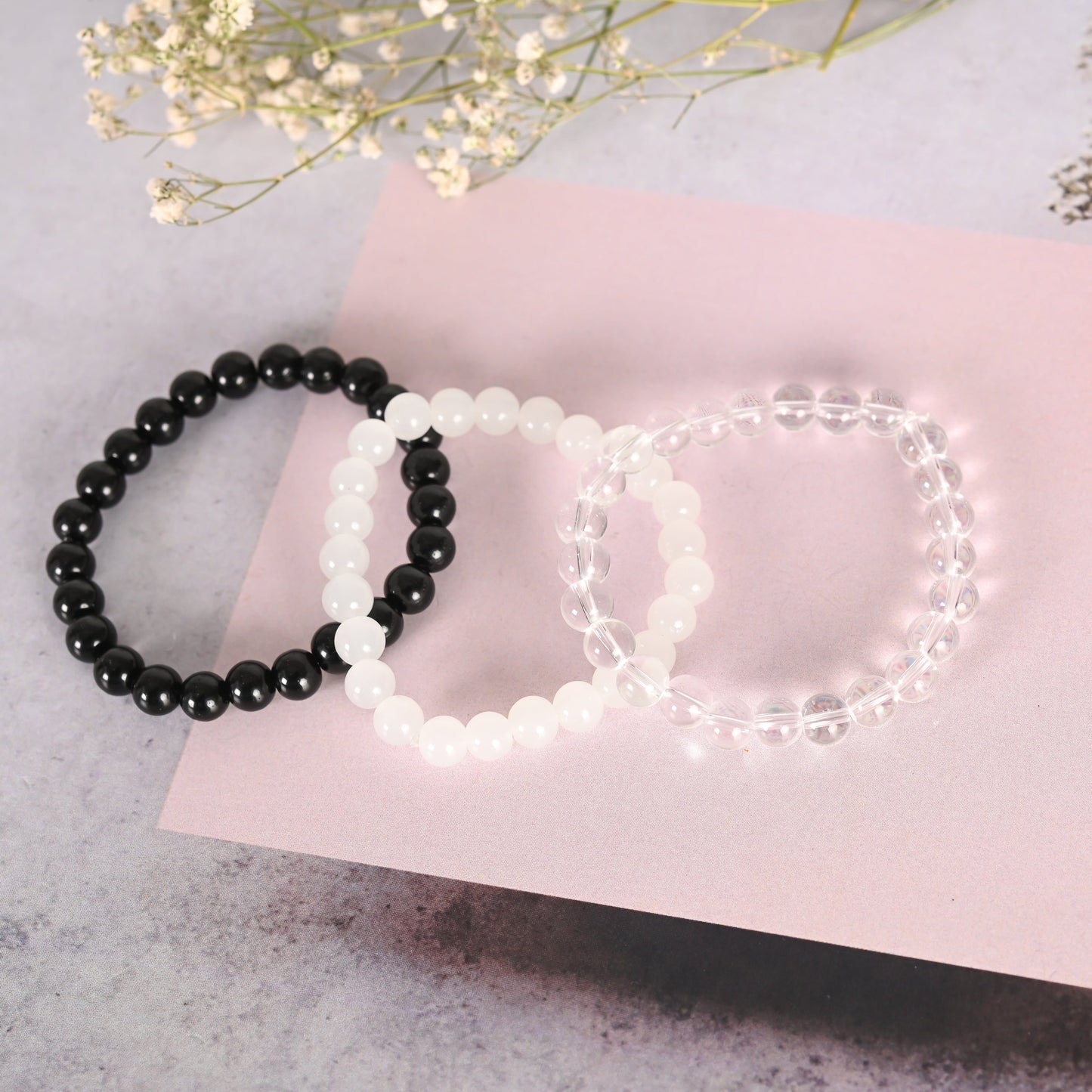 Unisex Transparent & White & Black Marbel Crystal Elasticated Bracelet