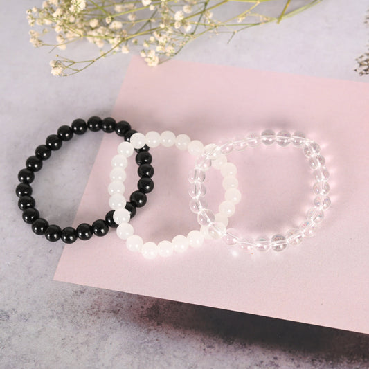 Unisex Transparent & White & Black Marbel Crystal Elasticated Bracelet