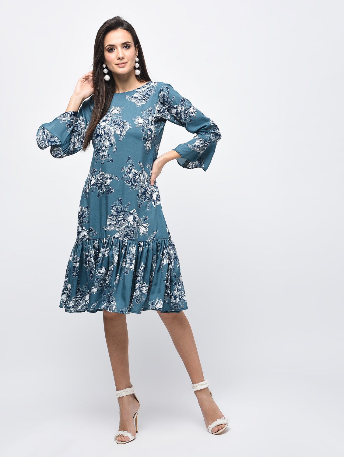 Women's Blue Polyster Printed Bell Sleeve Round Neck Dress