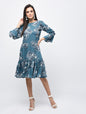 Women's Blue Polyster Printed Bell Sleeve Round Neck Dress
