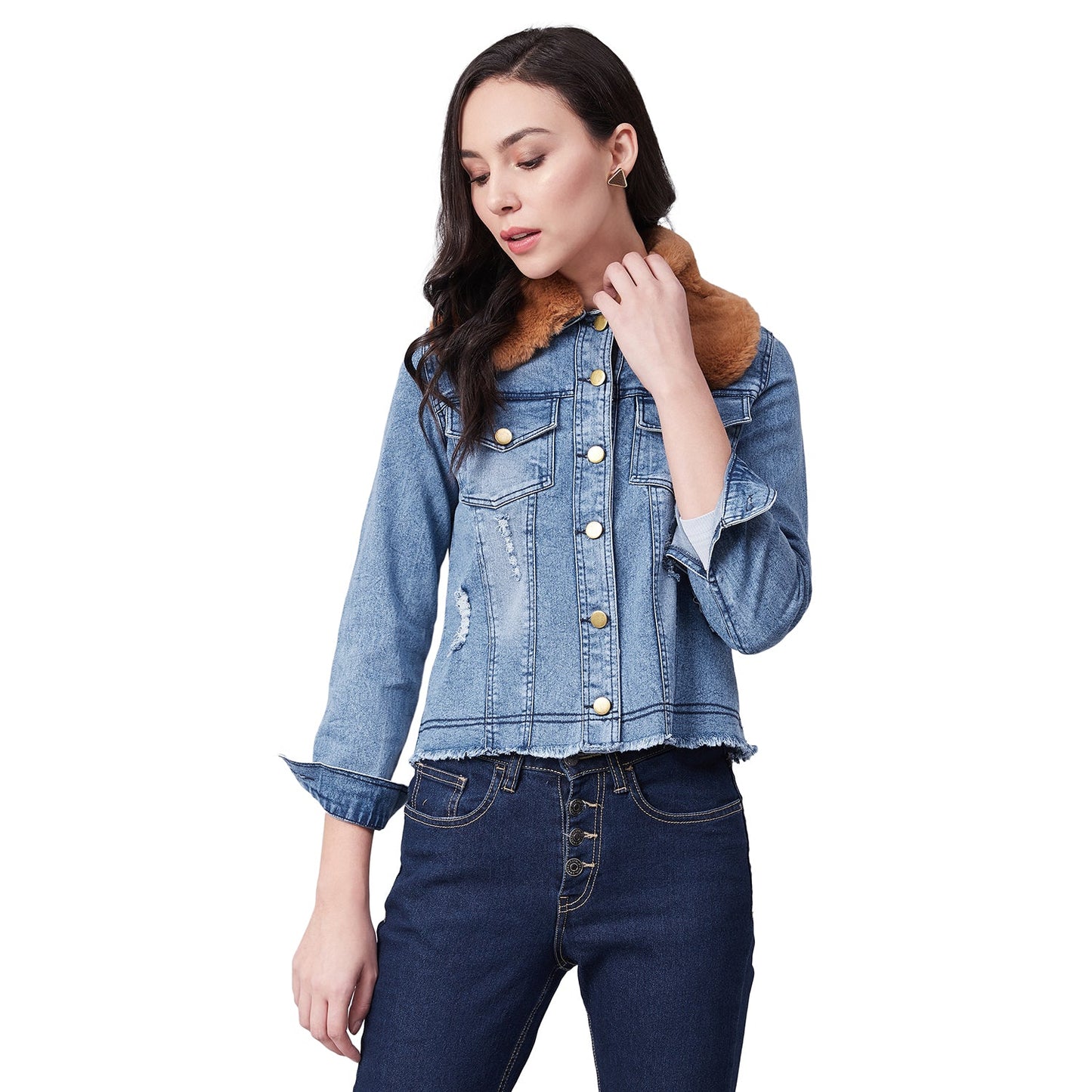 Women's Distressed Denim Jacket with Detachable Brown Fur Collar