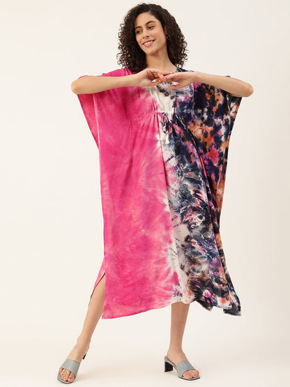 Women's Pink-Blue Tie-dye Rayon Kaftan Dress