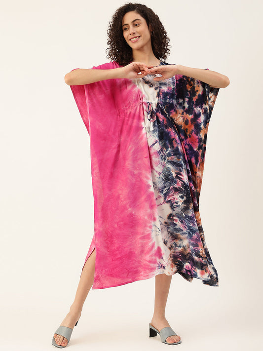 Women's Pink-Blue Tie-dye Rayon Kaftan Dress