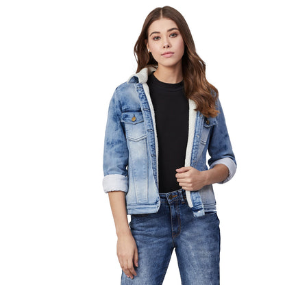Women's Denim Jacket with Soft Warm Faux Fur Lining inside - Ice Blue